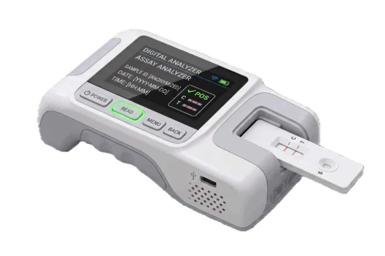 Handheld cassette reader with a lateral-flow cassette inserted